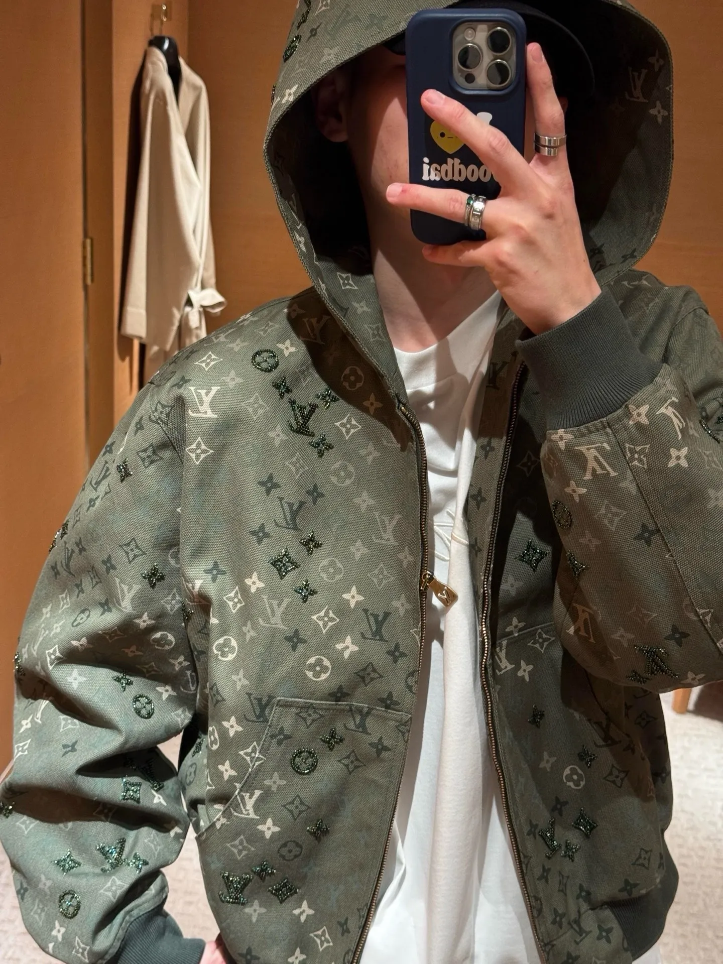 Louis Vuitton/Louis Vuitton Presbyopia printed beaded denim hooded jacket